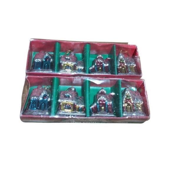 Vintage Holiday Style 4 Count Porcelain Houses Christmas Holiday Ornament Set - Picture 2 of 5